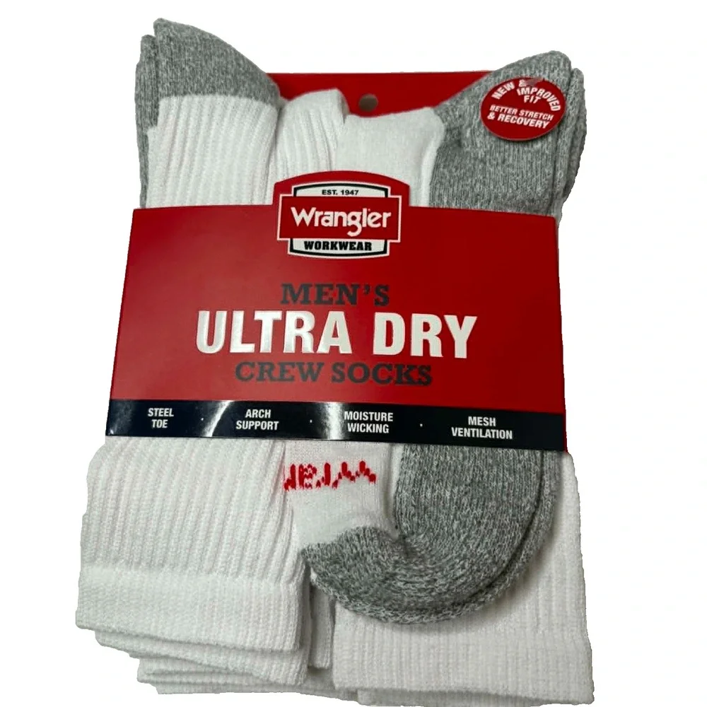 Wrangler Workwear Ultra Dry Crew Socks Mens Size 6-12 White Gray Moisture Wickin